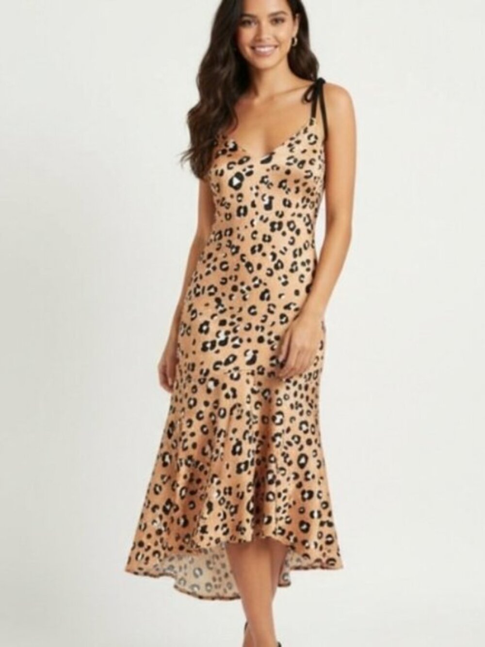 Leopard Print Tan Black Satin Slip  MIdi Dress  Sz Small Sleeveless V neck